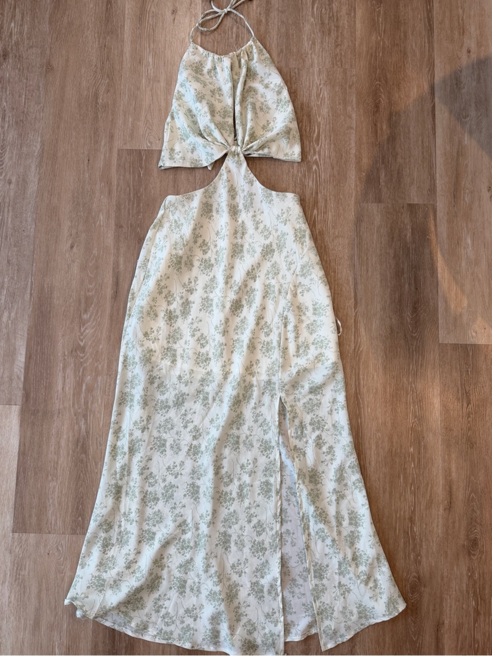 Floral Cutout Halter Maxi Dress in Light Cream and Sage